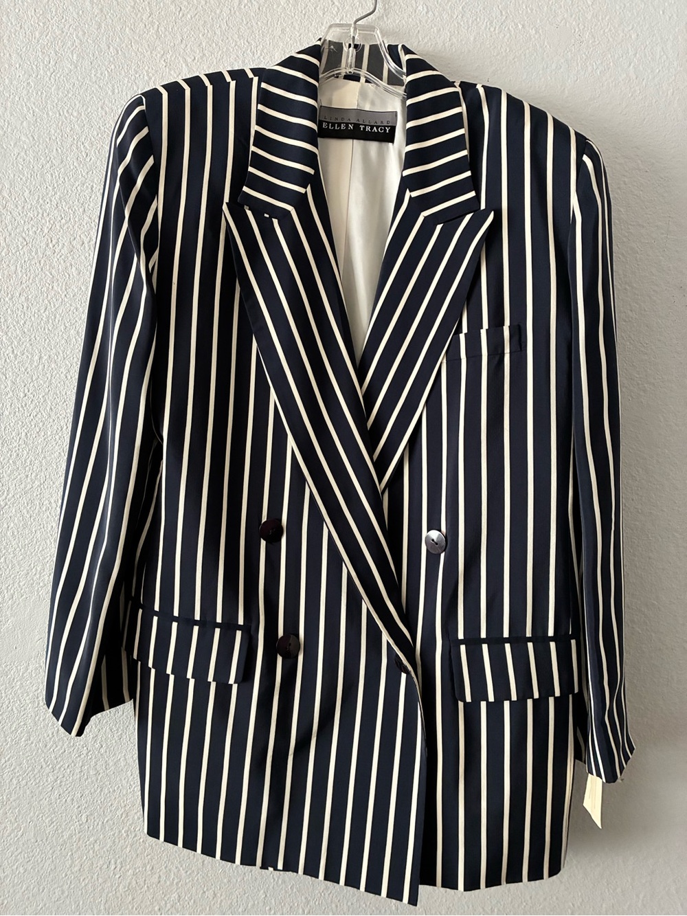 Ellen Tracy Navy and White Vertical Stripe Double-Breasted Blazer